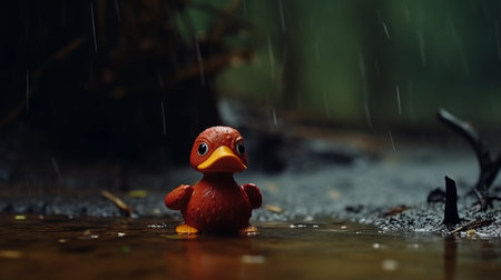 a small toy duck, rendered in cinema4d, stands on the rocks in the rain. the dark red and orange colors give it a vibrant look. this photo captures the essence of experimental videos and photo-realistic techniques. inspired by the works of jessica drossin and hayao miyazaki, it combines elements of indonesian art. ai generatedの素材