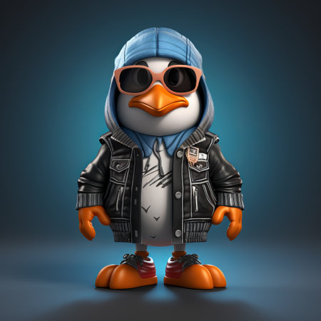 a character wearing a shirt and jacket, adorned with sunglasses, is depicted in this photo. the style of the illustration is life-like avian, with a 3d effect and a durk and gritty appearance. the softbox lighting adds depth to the image, while the toy-like proportions give it a unique charm. the overall theme is icepunk, featuring characterized animals. ai generatedの素材