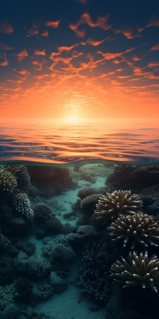 a 3d panorama captures the breathtaking beauty of the ocean at sunset, inspired by the artistic style of filip hodas. this national geographic photo showcases a mesmerizing reefwave, highlighting environmental awareness. the hyper-realistic water displays stunning shades of light red and green, creating a captivating visual experience. ai generatedの素材