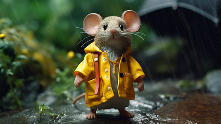 the jolly rat, in the style of hyper-realistic details by vray and tim shumate, is captured wearing a cute and colorful yellow raincoat. this realistic figure, reminiscent of animated film pioneer kevin hill, walks cheerfully in the rain. ai generatedの素材
