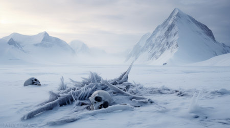 an inuit boy stands on a frozen lake, surrounded by majestic mountains in the distance. this national geographic photo, captured in the style of macabre fantasy, showcases skull motifs. the high-quality image, reminiscent of the works of jessica rossier, aleksey savrasov, and dariusz klimczak, beautifully captures the boy's connection with nature in a visually striking composition. ai generatedの素材