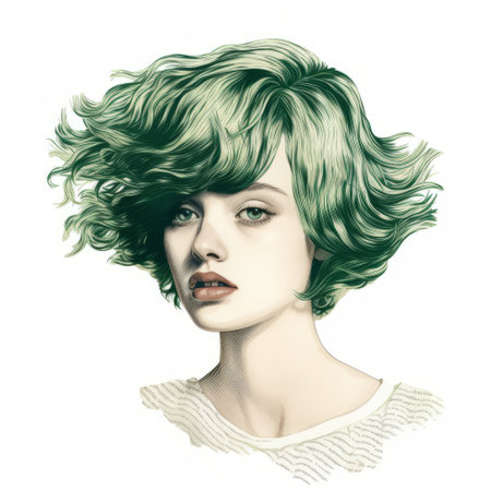 a green-haired girl is depicted in a realistic portrait with a green design. the illustration features wavy, monochrome toning and highly detailed, colorized elements. the style of the artwork can be described as tumblewave, showcasing realist portraits. ai generatedの素材