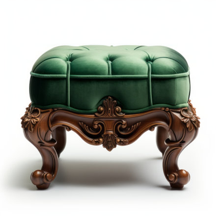 a stunning velvet victorian foot stool is showcased in this dresser image. the foot stool is elegantly designed with a luxurious velvet fabric, exuding a touch of vintage charm. the white background enhances the beauty of the stool, while the 8k resolution ensures sharp, hyper-realistic, and hyper-detailed features. ai generatedの素材