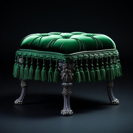 the green leather ottoman, inspired by neoclassical sculptures, is showcased against a sleek black background. created with precise hyperrealism using the unreal engine, this artwork captivates with its grandiose color schemes of silver and green. its humble charm is enhanced by the intricate detailing, making it a truly remarkable piece. ai generatedの素材