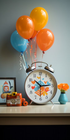 an alarm clock, surrounded by balloons and a toy car, is placed in a room. the room is decorated in a pop-culture-infused style, with vibrant colors of light teal and orange. the scene also includes brightly colored birds, a graflex speed graphic camera, and a mix of light brown and gray elements. the overall atmosphere is festive and lively. ai generatedの素材
