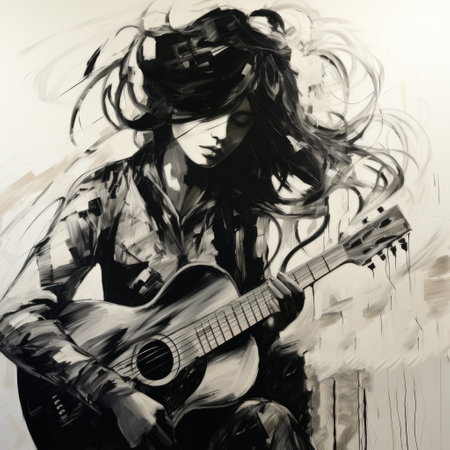 a black and white graphic art painting by jonathan michael, inspired by the troubadour style. this speedpainting showcases the grunge beauty of the subject, with hints of amber tones. the realistic watercolor technique brings the artwork to life, capturing the lively movement and portraying the subject with oil portraitures. ai generatedの素材