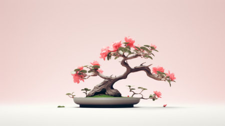 a 3d model of a bonsai tree is showcased on a vibrant pink background. this composition draws inspiration from classic still life arrangements, incorporating flower and nature motifs. the image features cross processing, chinapunk elements, and minimal retouching. the flowing brushwork and clean lines highlight the pure forms of the bonsai tree. ai generatedの素材