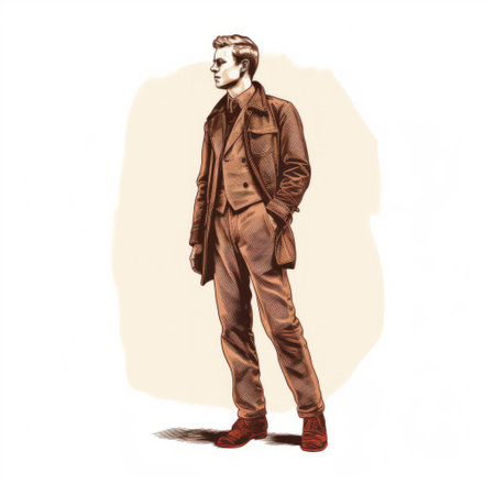 a man in a suit and pants is depicted in this warm-toned illustration. the style of the artwork is reminiscent of dieselpunk, with sketch-like and lifelike renderings. the use of staining techniques adds depth to the image, giving it an editorial illustration feel. the overall aesthetic is influenced by the american barbizon school. ai generatedの素材