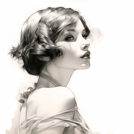 a black and white portrait of a woman holding a mirror, showcasing digital painting techniques. this art nouveau-inspired illustration combines hyperrealistic precision with elegant inking techniques. the bold manga-inspired characters are brought to life through a color splash effect, while delicate pencil sketches add an extra layer of detail. ai generatedの素材