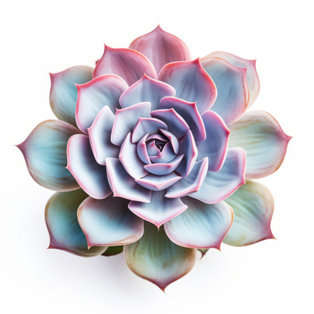 a colorful succulent flower with blue and pink flowers is depicted in this photo. the style of the image is a realistic hyper-detailed rendering with minimal retouching. the organic forms of the flower are showcased against a white background, creating a visually pleasing contrast. the muted tones, post-processing, and layered imagery with subtle irony add depth to the composition. light red and light purple huesの素材
