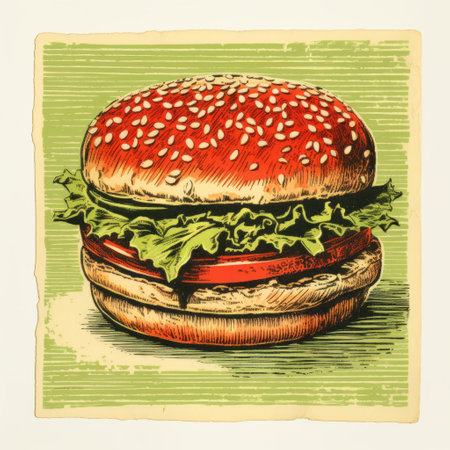 a retro-style hamburger is showcased on a green piece of paper, resembling gravure printing. the highly detailed illustrations feature a combination of light beige and red colors. the silkscreen technique adds depth to the image with heavy shading, while the distinctive character design stands out through detailed etchings. ai generatedの素材