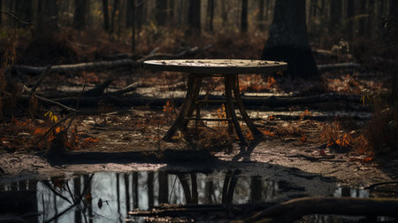 table in the forest next to a puddle, with dead leaves in the background. captured with the canon eos 5d mark iv, this photo exudes an unsettling emptiness. the hazy landscapes and burned-charred aesthetic add to the eerie atmosphere. shot on provia film, this image embodies the cabincore and bentwood themes. ai generatedの素材
