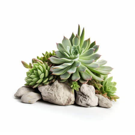a photo of a realistic rendering of a succulent, surrounded by rocks and white stones. the playful arrangements and colorized elements add a touch of creativity to the light green and gray tones. this composition, reminiscent of irving penn's style, showcases isolated landscapes and rough clusters. ai generatedの素材