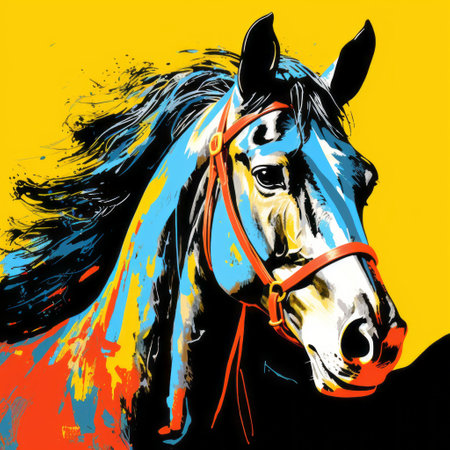 a horse covered in vibrant paint colors, resembling a pop art illustration. the horse's body is adorned with light black and yellow hues, reminiscent of screen printing techniques. the portrait showcases a western-style aesthetic, with hints of light cyan and orange. the image is captured in stunning 8k resolution, enhancing the intricate details of the illustration. ai generatedの素材