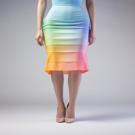 a woman stands in front of a grey background, wearing an elegant, colorful striped skirt. the 3d style of the photo enhances the sculpted forms and color gradient, creating a visually striking image. the tonal approach and emphasis on detail make the woman's clothing stand out beautifully. ai generatedの素材