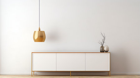 a white living space featuring a wooden table and a pendant lamp in a gold and bronze style. the minimalist background enhances the detailed still life, showcasing the aluminum material with a sleek metallic finish. the simplified and orderly arrangements create a visually pleasing atmosphere. ai generatedの素材