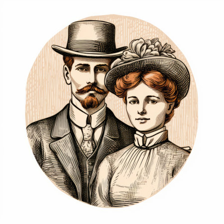 a vintage couple, dressed in a blue suit and hat, poses for a highly detailed illustration. the tondo-shaped portrait is captured in sepia tone, reminiscent of western-style portraits. the couple's attire is depicted in a colored cartoon style, while other portraits showcase a neo-victorian aesthetic in black and white. ai generatedの素材