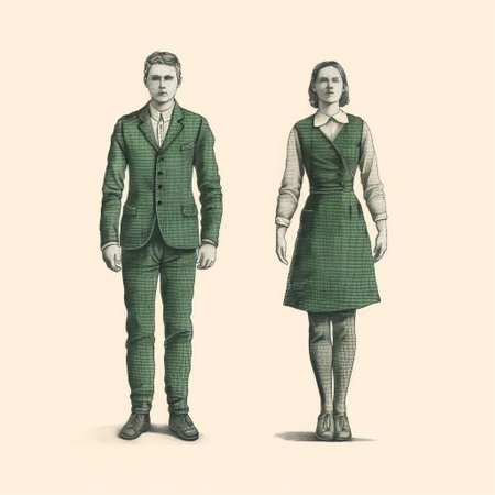 couple in green suits standing next to each other, showcasing realistic renderings of the human form. this vintage graphic design, inspired by aleksandr deyneka, features pencil art illustrations with a focus on realistic depictions of the human form and the use of fabric. the illustration captures the essence of the couple's attire and highlights the artist's attention to detail. ai generatedの素材