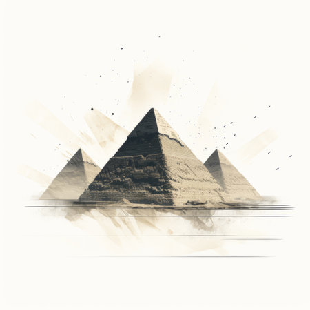 four pyramids stand tall in this watercolor illustration, featuring sepia tones and double exposure effects. inspired by egyptian art and reminiscent of national geographic photos, the image showcases trace monotone elements. the realistic depiction captures both the play of light and the sense of decay and decayed beauty. ai generatedの素材
