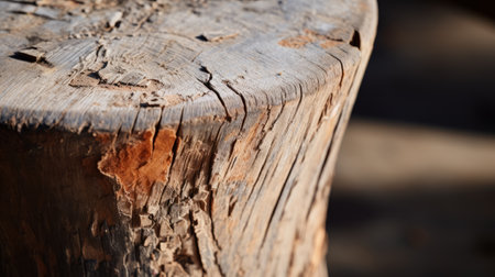 a close-up photo of a tree trunk showcasing precise craftsmanship and distressed materials. the unpolished authenticity of the timber frame construction is highlighted, along with the captivating play of light and shadow. the distinctive knots and textures add character to the image, while a soft-focus effect enhances its visual appeal. ai generatedの素材