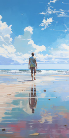 a man walks down to the beach, with a long beach stretching out before him. the ocean serves as a stunning backdrop, creating a serene atmosphere. this digital painting captures the essence of reflection and is reminiscent of the styles of renowned artists such as ryan hewett, alex russell flint, and emilia wilk. the high resolution of 8k enhances the details, making it a masterpieceの素材