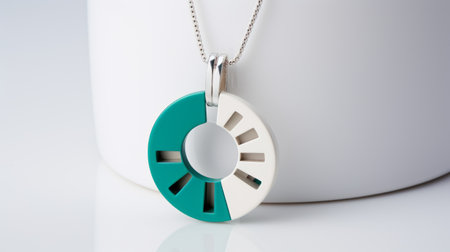a small pendant hangs on a white surface, featuring interlocking archetypal symbols in a dark white and teal style. the pendant is chrome-plated and stands out with its bold color contrast. sunrays illuminate the pendant, creating a striking play of positive and negative space. ai generatedの素材