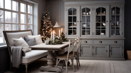 the dining room features a charming combination of green christmas lights and a white table, creating a festive ambiance. the decor follows a timeless nostalgia theme with hand-painted details in light indigo and light gray. the room exudes a primitivist style, enhanced by the gray color palette. this stunning image is captured in 32k uhd, showcasing every intricate detail. the dining room design pays homageの素材