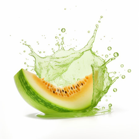 a splashing watermelon is captured in this 20-megapixel photo against a white background. the image showcases organic contours and sharp attention to detail, with a style reminiscent of light orange and light green hues. the composition utilizes a combination of light green and light gold tones, creating a visually appealing and vibrant scene. ai generatedの素材