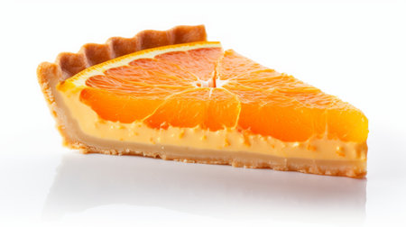 slice of orange pie on a white plate, captured in a high-definition image. the pie showcases layered translucency, while the forced perspective adds depth. the duckcore aesthetic is evident through the light silver and orange tones. elaborate borders frame the image, contributing to a consumer culture critique. ai generatedの素材