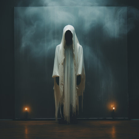 a ghostly figure, draped in a confessional-style backdrop, holds up a candle amidst swirling smoke. this large-scale, mythology-inspired photograph captures the mysterious essence of halloween. shot in stunning 8k resolution, it immerses viewers in an otherworldly atmosphere. ai generatedの素材