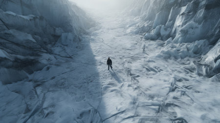 a high-angle photo captures linda walking through a glacier, accompanied by a playful panda. the wide-angle lens showcases the stunning natural surroundings, emphasizing linda's connection with nature. the presence of the panda adds a delightful touch to the composition, creating a captivating and playful scene. ai generatedの素材