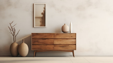 a photo showcasing an intriguing design featuring brown wooden furniture. the style is reminiscent of photorealistic representation and draws inspiration from 20th-century scandinavian design. the soft atmospheric perspective adds depth to the image, while the 8k resolution and raw texture enhance the visual experience. the interiors exude a mid-century charm with a touch of femininity. ai generatedの素材