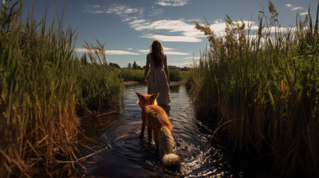 sarah walking through a wetland with a fox following, captured from a high-angle perspective with a wide-angle lens. the composition highlights the natural beauty of the surroundings and sarah's connection with nature, while the playful presence of the fox adds an enchanting touch. ai generatedの素材