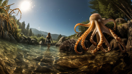 a photo of margaret walking through a river with an octopus following, captured from a high-angle perspective with a wide-angle lens. the composition highlights the natural beauty of the surroundings and margaret's connection with nature, while the playful presence of the octopus adds an intriguing element. ai generatedの素材