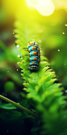 yellow and blue butterflies rest gracefully on vibrant leaves, creating a captivating scene captured through the unique lens of tilt-shift photography. this psychedelic surrealism composition showcases the meticulous technique of focus stacking, resulting in a mesmerizing display of light emerald and orange hues. delicate water drops add an enchanting touch, while the figura serpentinata of the butterflies adds a sense of movement to the sereneの素材