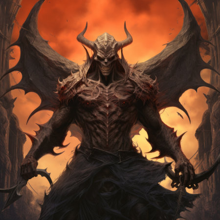 the demon, with its giant wings, stands in front of a mountain, showcasing a dark crimson and light black color scheme. the image features intense shadows, detailed facial features, and a style reminiscent of ps1 graphics. created by wlad safronow and inspired by the artistic style of aleksi briclot, this artwork captures the essence of hurufiyya. ai generatedの素材
