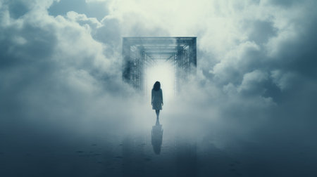 a person stands under a haunting cloud, their gaze fixed on another figure. this eerie scene, reminiscent of horror films like "die brucke" and "tesseract," is captured in mesmerizing 8k 3d. the misty atmosphere adds an ethereal touch, while the unique framing and composition create a sense of unease. a perfect blend of light academia aesthetics and suspenseful storytelling. ai generatedの素材