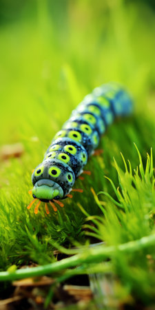 a green insect perches on vibrant green grass, showcasing colorful biomorphic forms. this captivating image captures the essence of tilt-shift photography and contemporary ceramics. reminiscent of a national geographic photo, it embodies the unique aesthetic of snailcore, with its striking combination of green and blue hues and horizontal stripes. ai generatedの素材