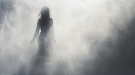 a silhouette of a woman standing in the fog, exuding an ethereal horror vibe. the image is dominated by light black and gray tones, creating an otherworldly atmosphere. the woman appears to be dissolving into the mist, while being bathed in a haunting, light-filled ambiance. this horror-inspired photo captures a sense of the supernatural and mysterious. ai generatedの素材
