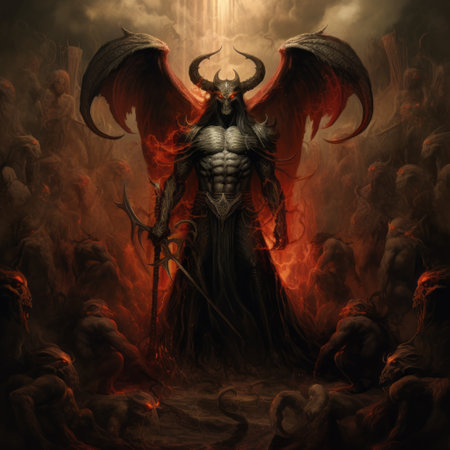 a demon surrounded by other demons, depicted in a realistic rendering style with biblical grandeur. the image showcases intense shadows, angelcore elements, and a color palette dominated by dark bronze and red. the artwork also incorporates a touch of ps1 graphics, resulting in a stunning and captivating composition. ai generatedの素材