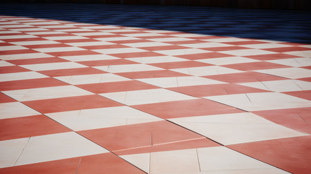 the tennis court floor features a striking combination of red and white colors, reminiscent of cubist geometric forms. the matte photo showcases a blend of light pink and dark orange hues, with sparse and angular linework. the streetscape-inspired tabletop photography captures the shallow depth of field, adding an artistic touch to the composition. ai generatedの素材