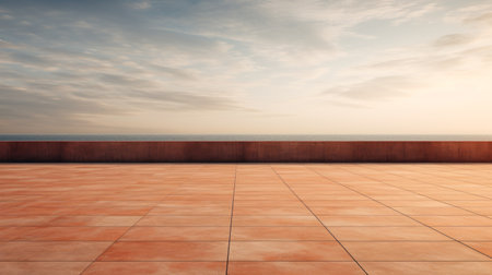 outdoor patio roof overlooking the ocean in hd photo. the style is characterized by light orange and light maroon tones, minimalist backgrounds, and realistic urban scenes. the photo captures the essence of edward poynter's artwork, with a polished concrete structure and a high-angle view of the serene ocean landscape. the soft, tonal colors add a touch of realism to the overall composition. ai generatedの素材