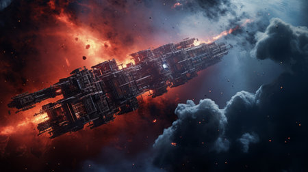 relic of a star wars sci-fi galaxy featuring a spacecraft fleet amidst ethereal cloudscapes. the photo showcases burned and charred elements, highlighting the modular construction of the ships. with a matte finish, the vibrant colors of red and indigo stand out. this high-resolution 8k image captures the essence of the galactic world. ai generatedの素材