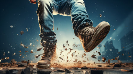 a man, in a double exposure style photograph, is seen falling down on a street, landing on a broken piece of concrete. the image captures the essence of cowboy imagery and science fiction art, with rusty debris adding to the overall aesthetic. the use of focus stacking enhances the details, while the relatable personality of the subject adds depth to the composition. ai generatedの素材