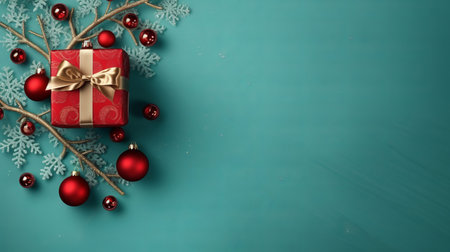 red wrapping paper with a christmas present is showcased on a vibrant turquoise background. the image is rendered in the style of unreal engine, featuring a combination of dark teal and teal hues. opulent ornaments add a touch of elegance, while the tasteful use of negative space and minimalist backgrounds create a visually pleasing composition. the hyper-realistic details and intricate foliage further enhance the overallの素材