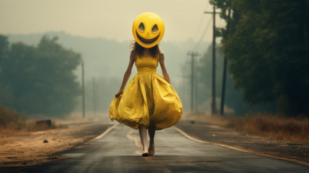 a girl walks down a road in a yellow dress, embodying the halloween spirit. the photo showcases emotive faces, bloomcore aesthetics, and photomontage techniques. with elements of smilecore and dark humor, this image captures a unique blend of emotions and styles. ai generatedの素材