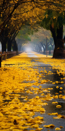 rainy gingko boulevard with hibiscus trees lining both sides of the road. the golden color of the trees contrasts beautifully with the yellow hibiscus biloba covering the ground. in the distance, a mountain can be seen, while the fallen hibiscus biloba leaves add a touch of clarity to the scene. this photo captures the beauty of the hibiscus biloba in ultra-high resolution. ai generatedの素材