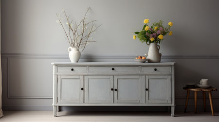 a grey color settee with flowers on it is captured in this image, showcasing a kitchen still life in the style of danish design. the classical style of the settee is enhanced by its chalky appearance, while the traditional craftsmanship and expansive feel add to its overall appeal. this 8k image beautifully captures the essence of this elegant piece. ai generatedの素材