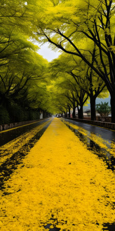 monsoon gingko boulevard with golden fern trees lining both sides of the road. the ground is covered in yellow fern biloba leaves, creating a stunning contrast. in the distance, a mountain can be seen, adding to the picturesque scenery. this photo captures the beauty of fern biloba in ultra-high resolution, providing a clear and detailed image. ai generatedの素材