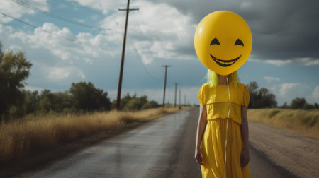 a young girl stands in front of a yellow balloon, wearing a headband. the photo captures the essence of nostalgic rural life with a somber mood. it is a raw street photography piece that combines elements of text and emoji installations. the image evokes emotions and portrays an emotionally complex atmosphere, reminiscent of smilecore aesthetics. ai generatedの素材